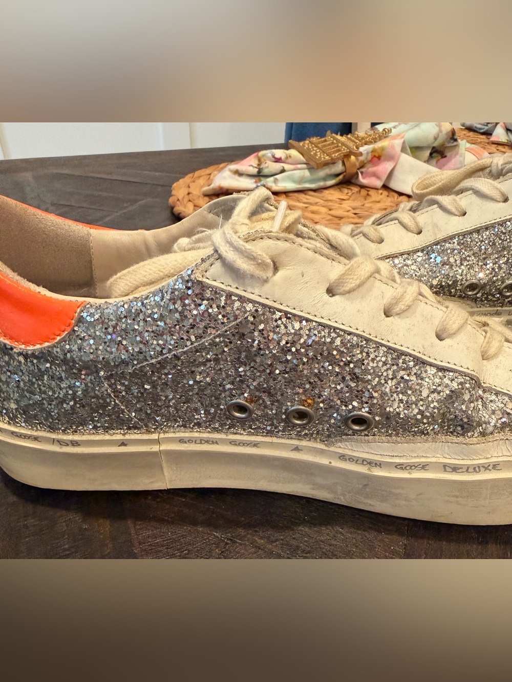 Golden Goose Hi Star Silver Glitter Sneaker with Peach Star/Orange Heel Tab - Picture 8 of 9